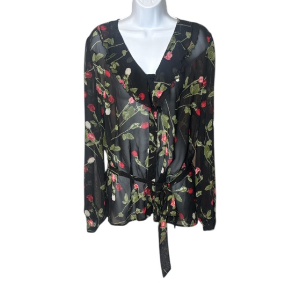 🌹East 5th - Black & Red Sheer Floral and Ruffled Blouse - Size XL